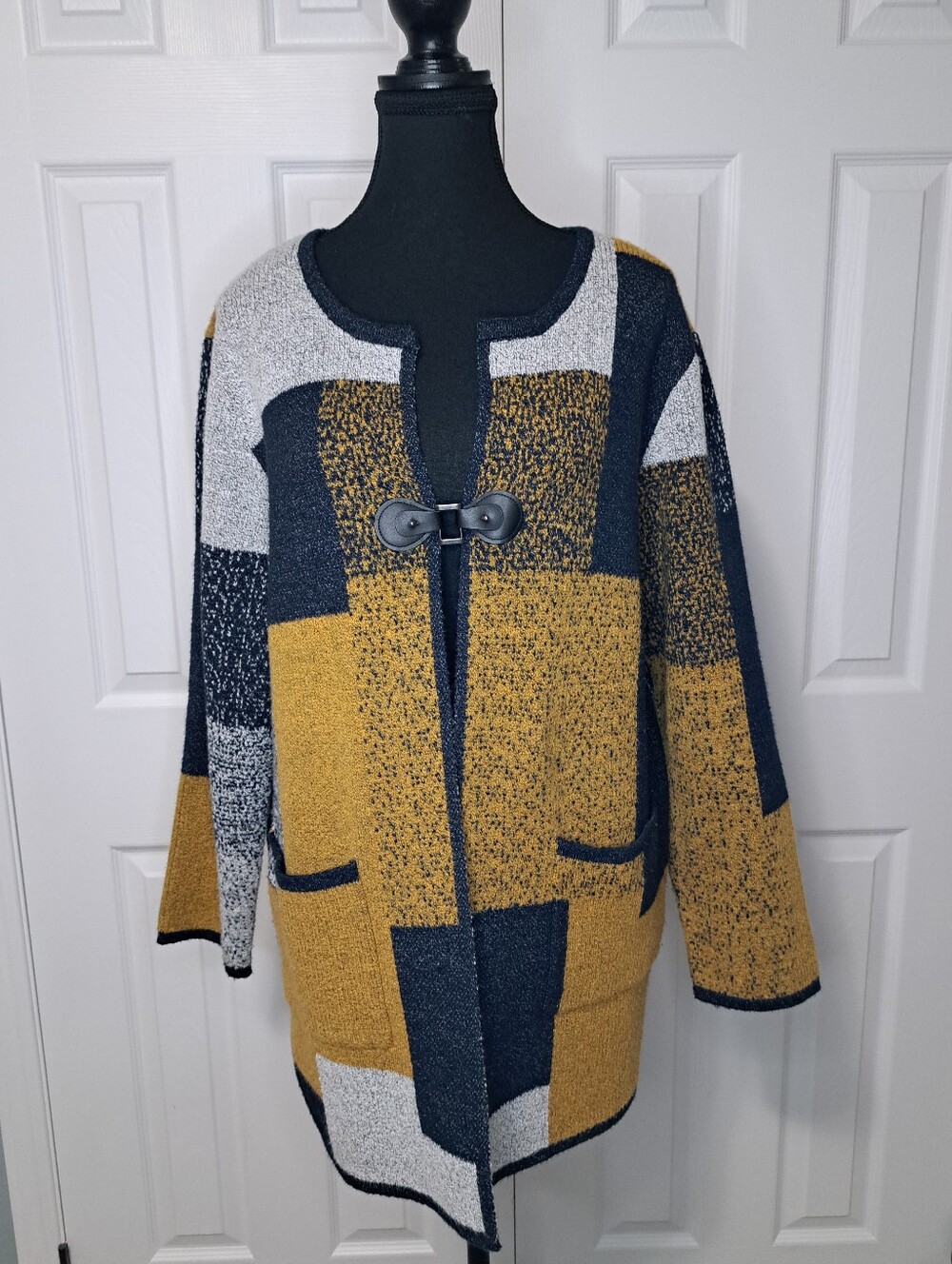 Spanner Colorblock Patchwork Knit Cardigan Jacket Toggle Closure Large